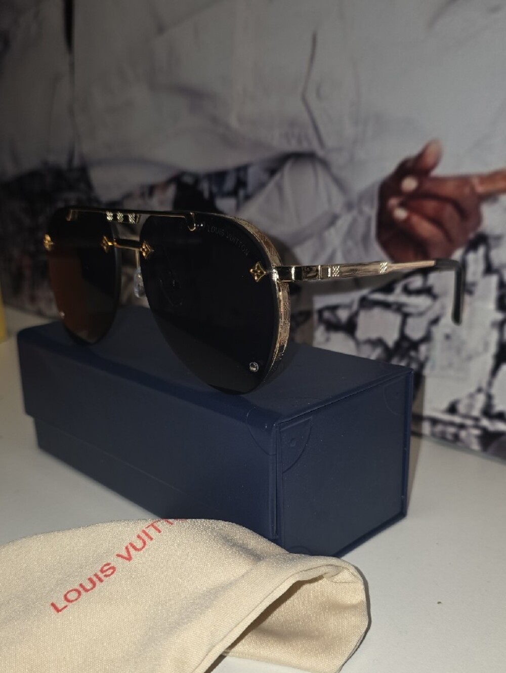 Louis Vuitton Gold Frame Black Lens Aviator Sunglasses